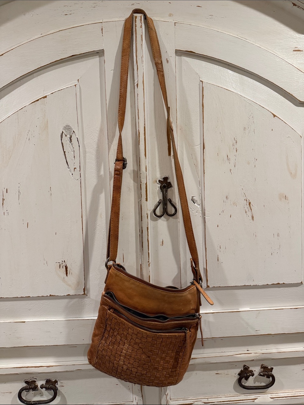 Woven Tan Leather Crossbody Bag with Front Zip Pocket
